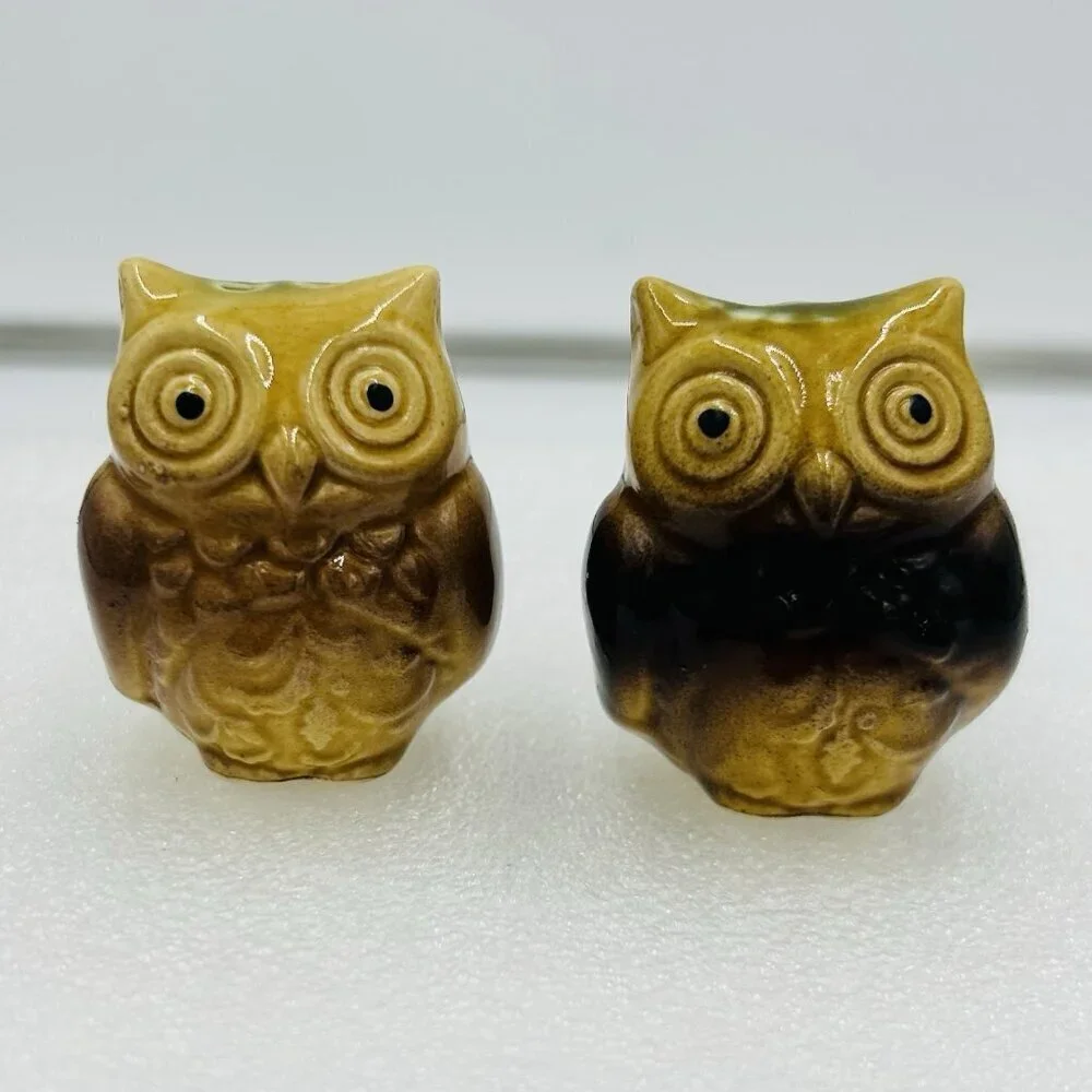 Vintage Owl Salt and Pepper Shakers Ceramic Small 2
